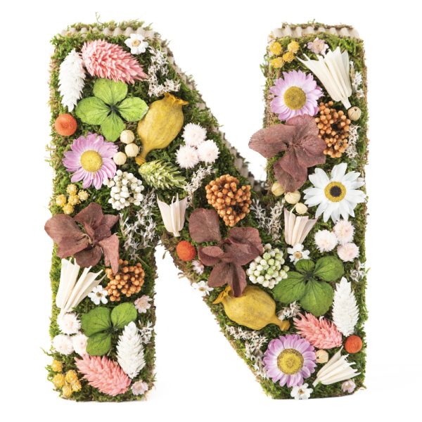 Inicial con flores y musgo preservado