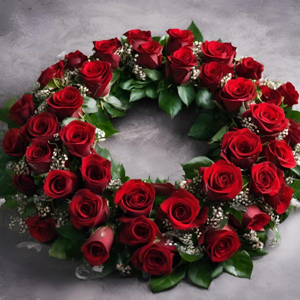 Corona funeraria de rosas rojas